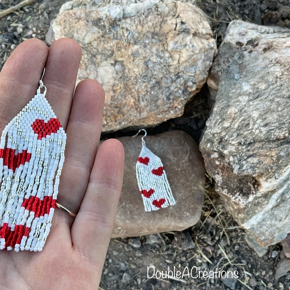 Red Hearts with Silver Scroll Beaded Earrings, New, Handmade by Me - Picture 5 of 11